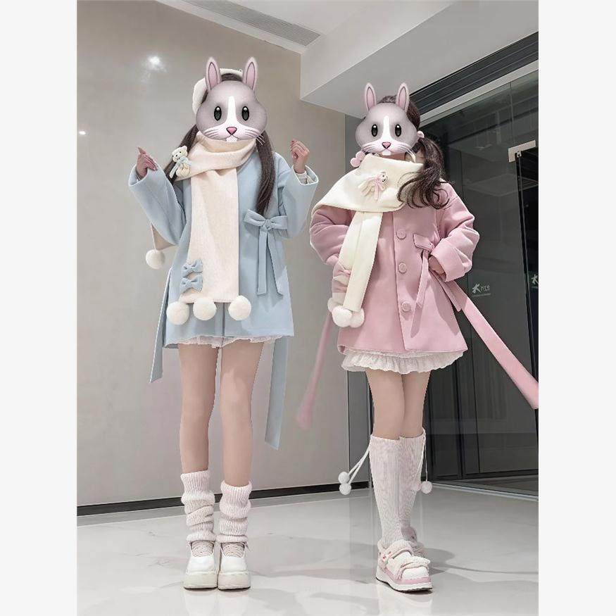 新款秋冬氛围感软妹可爱蝴蝶结围巾中长款女毛呢外套甜美少女套装,女装/女士精品,时尚套装,淘宝优惠券,粉丝福利购,淘宝优惠卷