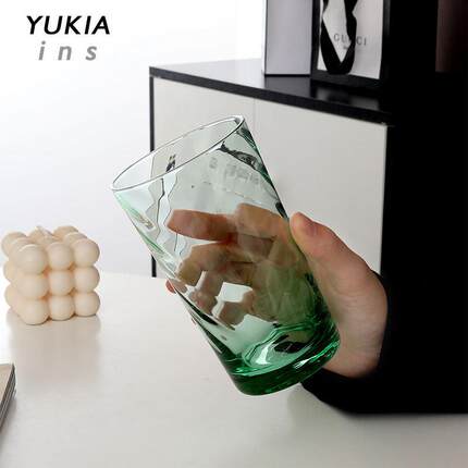 Yuki雪浅中古店绿色斜条杯 水杯威士忌杯啤酒杯祖母绿硝子手作ins