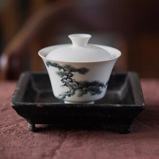 元无景德镇陶瓷盖碗轻奢高端巍然手绘青花盖碗茶杯草木灰茶具套装