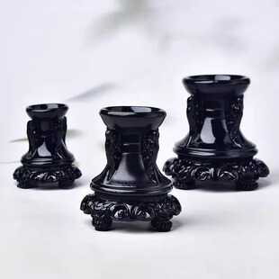 黑色天然水晶球蛋雕文玩工艺品葫芦雕花高脚木质树脂底座底托装饰