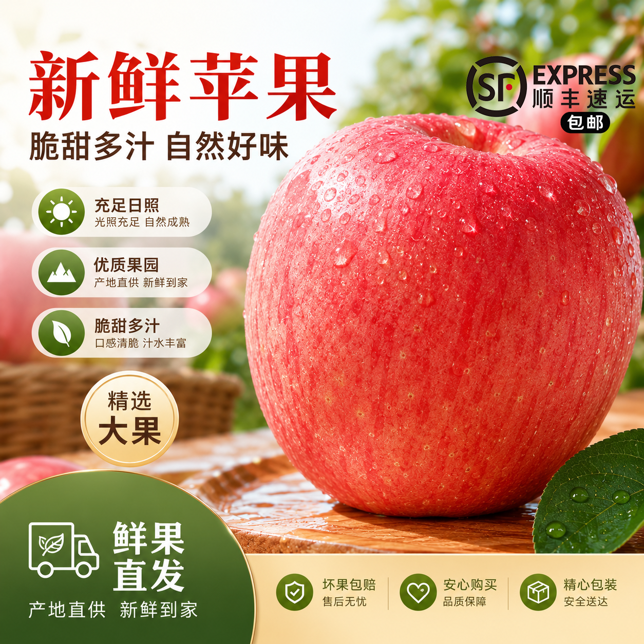 烟台红富士苹果新鲜脆甜水果条纹片红一整箱5斤顺丰包邮