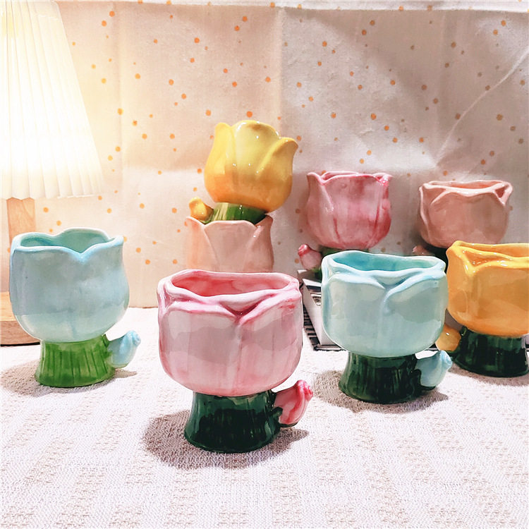郁金香花朵杯子礼物陶瓷香薰蜡烛容器可爱少女心甜品碗装饰品白瓷