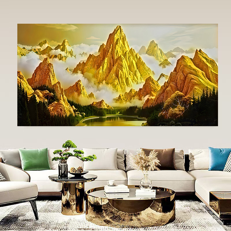 背靠金山聚宝盆贴画酒店宾馆民宿装饰壁画客厅挂画金山日照招财画