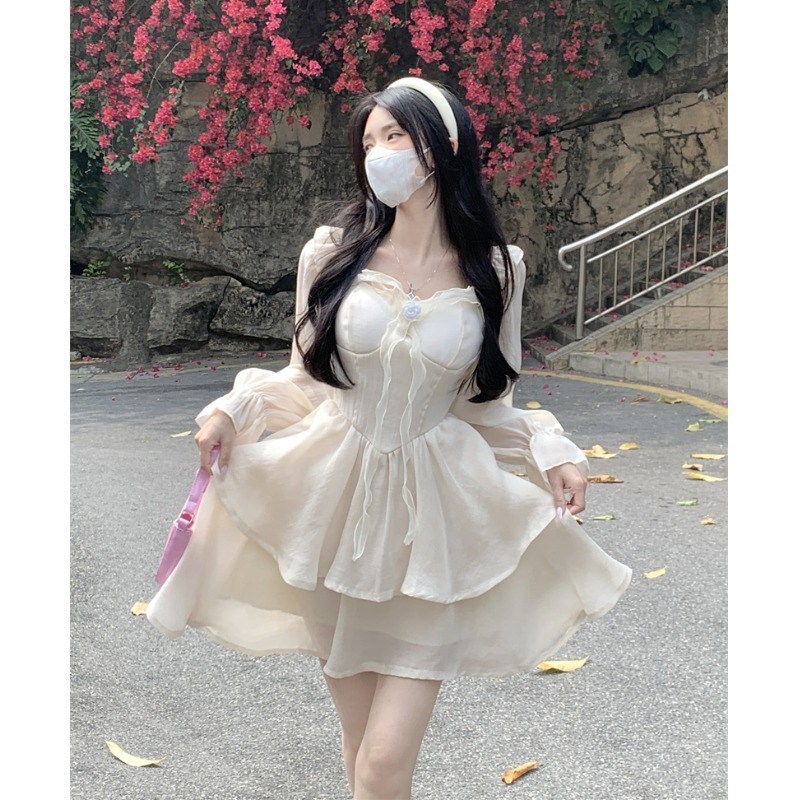现货温柔风杏色连衣裙春装大码胖高腰森系仙裙法式蓬蓬短裙