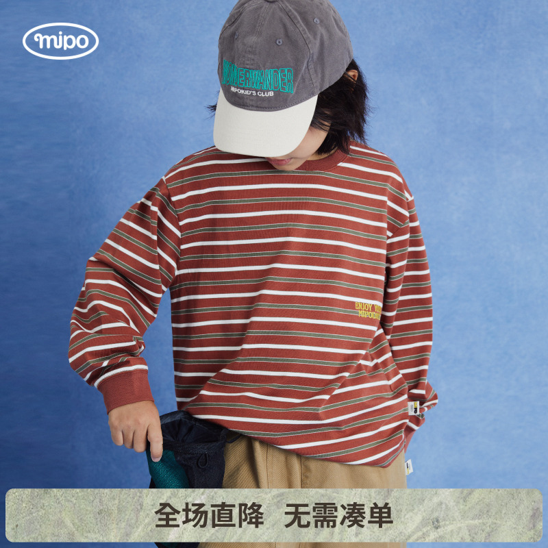 mipo儿童汗布条纹圆领秋冬打底衫