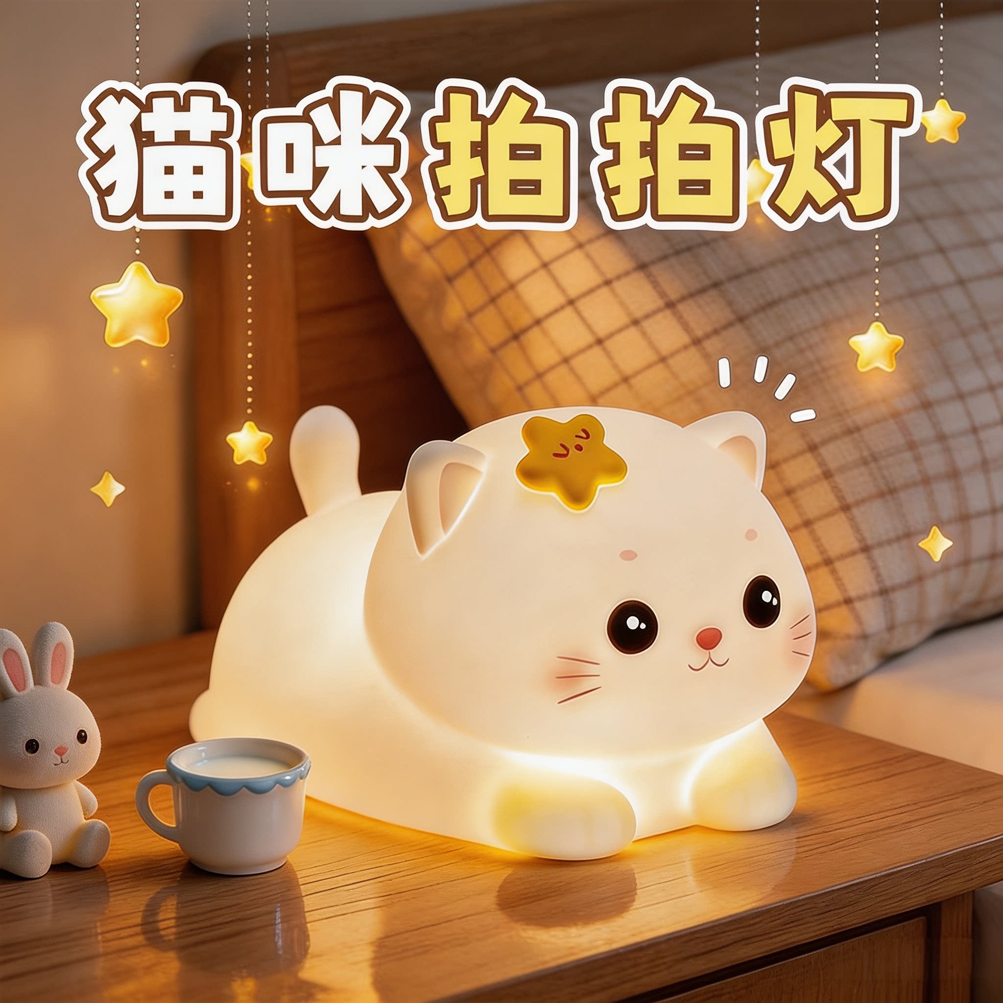星星小猫拍拍小夜灯女孩卧室睡眠床头灯台灯儿童房柔光护眼伴睡灯
