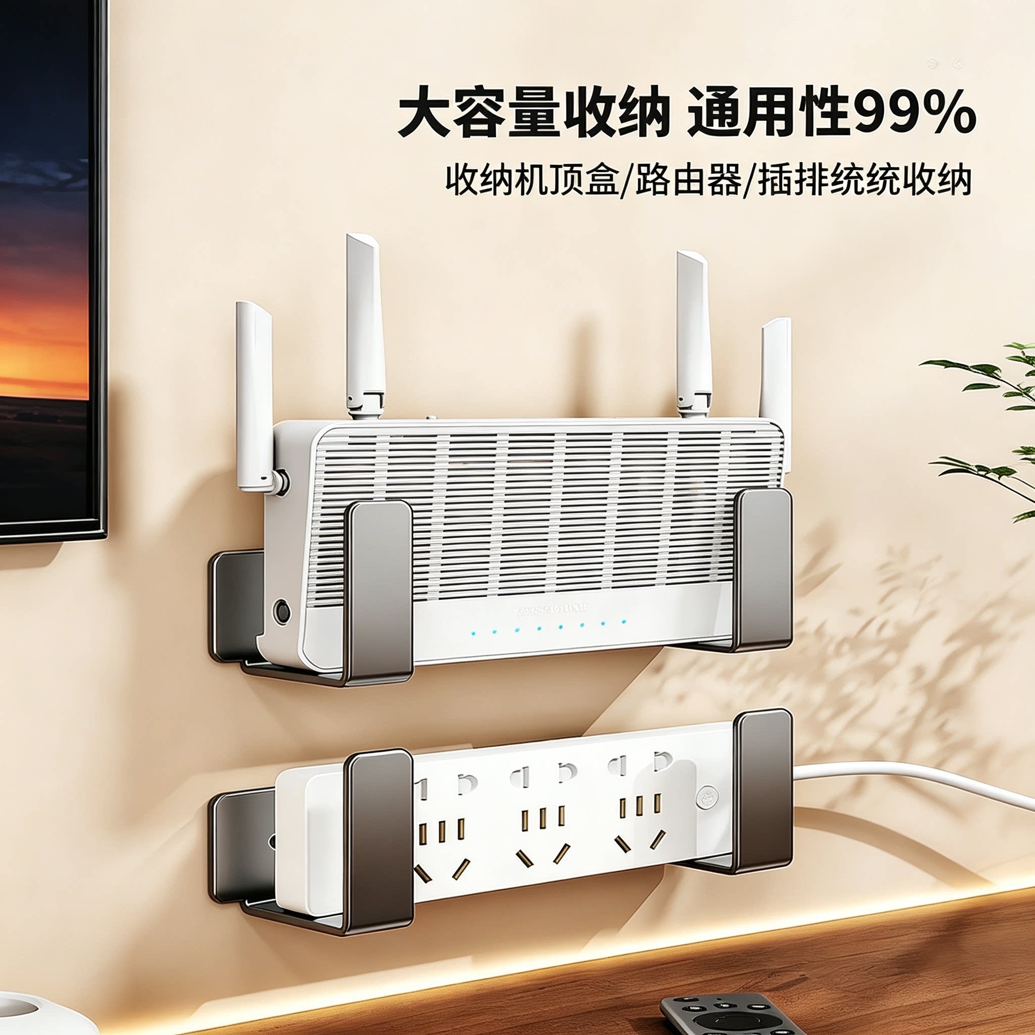 路由器收纳盒子免打孔插排固定器壁挂机顶盒上墙神器WiFi放置物架