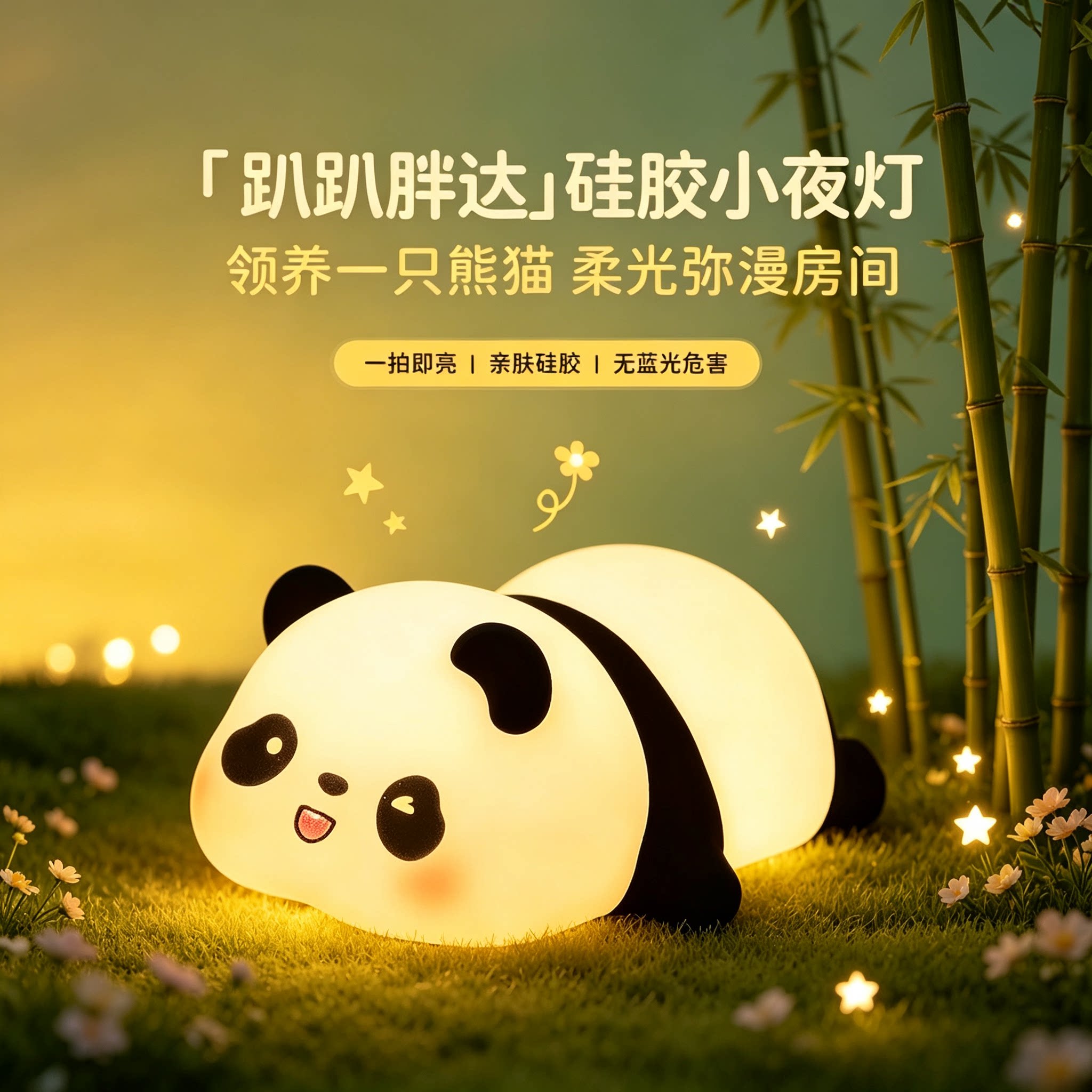 可爱熊猫搪胶小夜灯创意卡通拍拍感应卧室床头灯护眼柔软解压陪睡