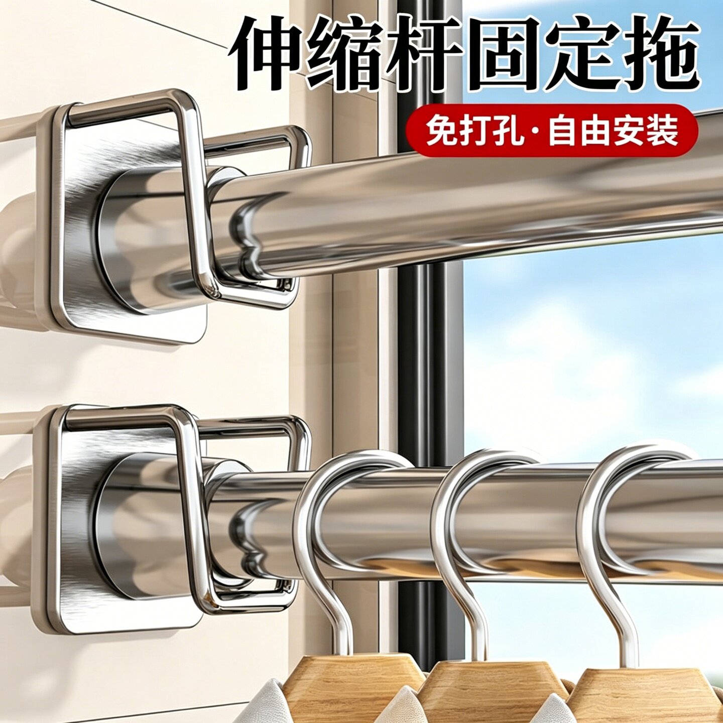 伸缩杆固定托粘贴式免打孔窗帘杆固定座器横杆门帘杆挂夹挂钩支架
