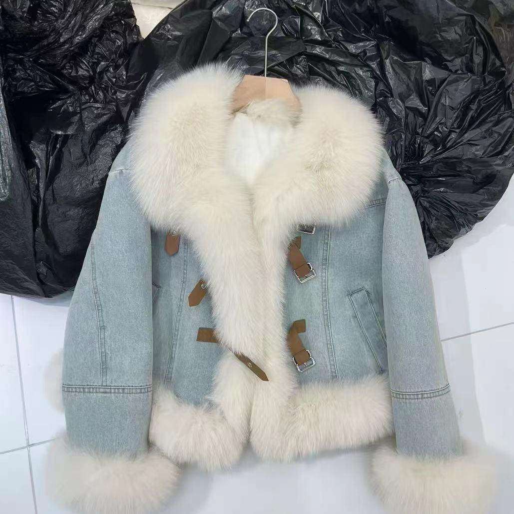 2025冬季新款牛仔风狐狸毛领连帽短款夹克外套女蓝色羽绒服小个子,女装/女士精品,短外套,淘宝优惠券,粉丝福利购,淘宝优惠卷