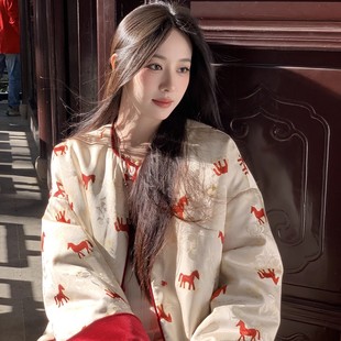 新中式国风高密人丝印花圆领加厚保暖棉服外套女宽松马上有钱大衣
