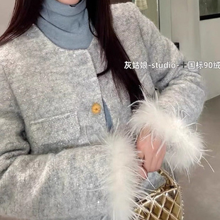 小香风白鸭绒羽绒内胆外套女冬季新款韩系时尚气质短款羊毛呢大衣