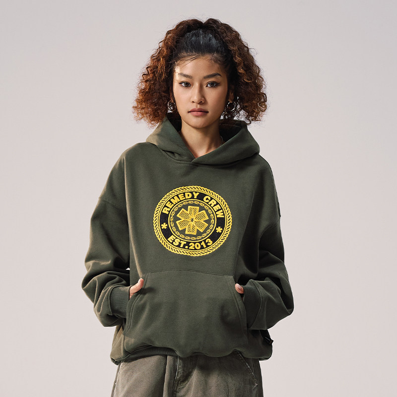 Remedy美式复古潮牌刺绣宽松帽衫外套2024新款国潮重磅连帽卫衣男