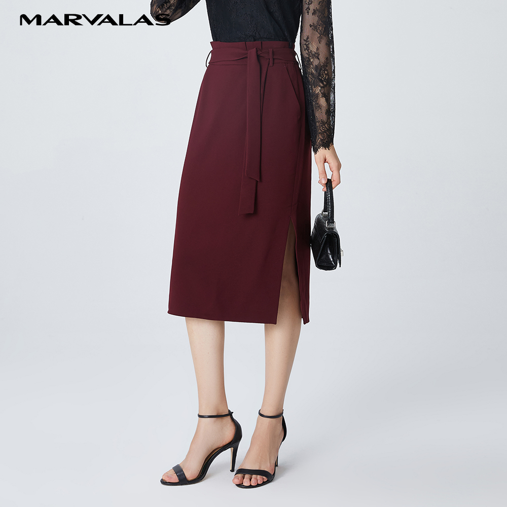 曼德诗系带直筒开叉中长款半身裙