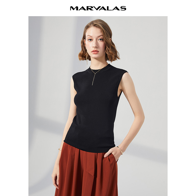 曼德诗黑色打底衫百搭风针织背心