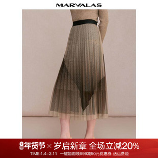 曼德诗高腰半身裙2025春季新款时尚波点网纱群子设计A字百褶长裙