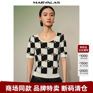 字母上衣套头衫 曼德诗黑白棋盘格方领针织衫 短袖 T恤2025夏季 新款