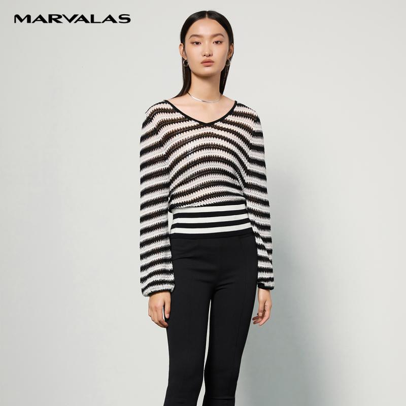 曼德诗黑白条套头衫女2025春秋新款撞色条纹宽松袖笼春秋流行穿搭