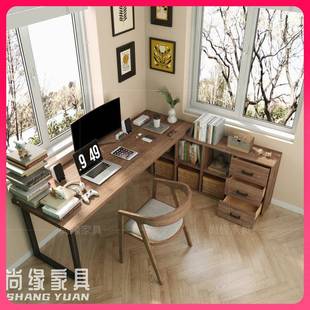 G3YN实木转角书桌书柜组合一体家用拐角双人办公桌卧室l型角落电