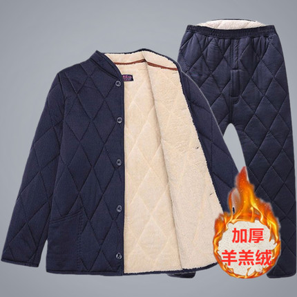 新款羊羔绒棉服加绒加厚男士套装爸爸中老年人冬季外套保暖防寒服