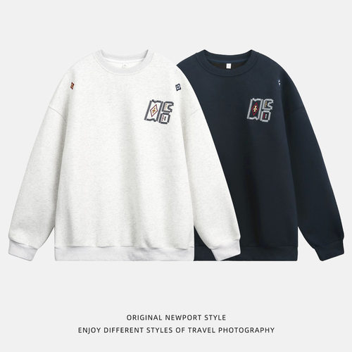 400g重磅圆领卫衣秋季款民族风撞色质感刺绣套头衫潮牌上衣外套q