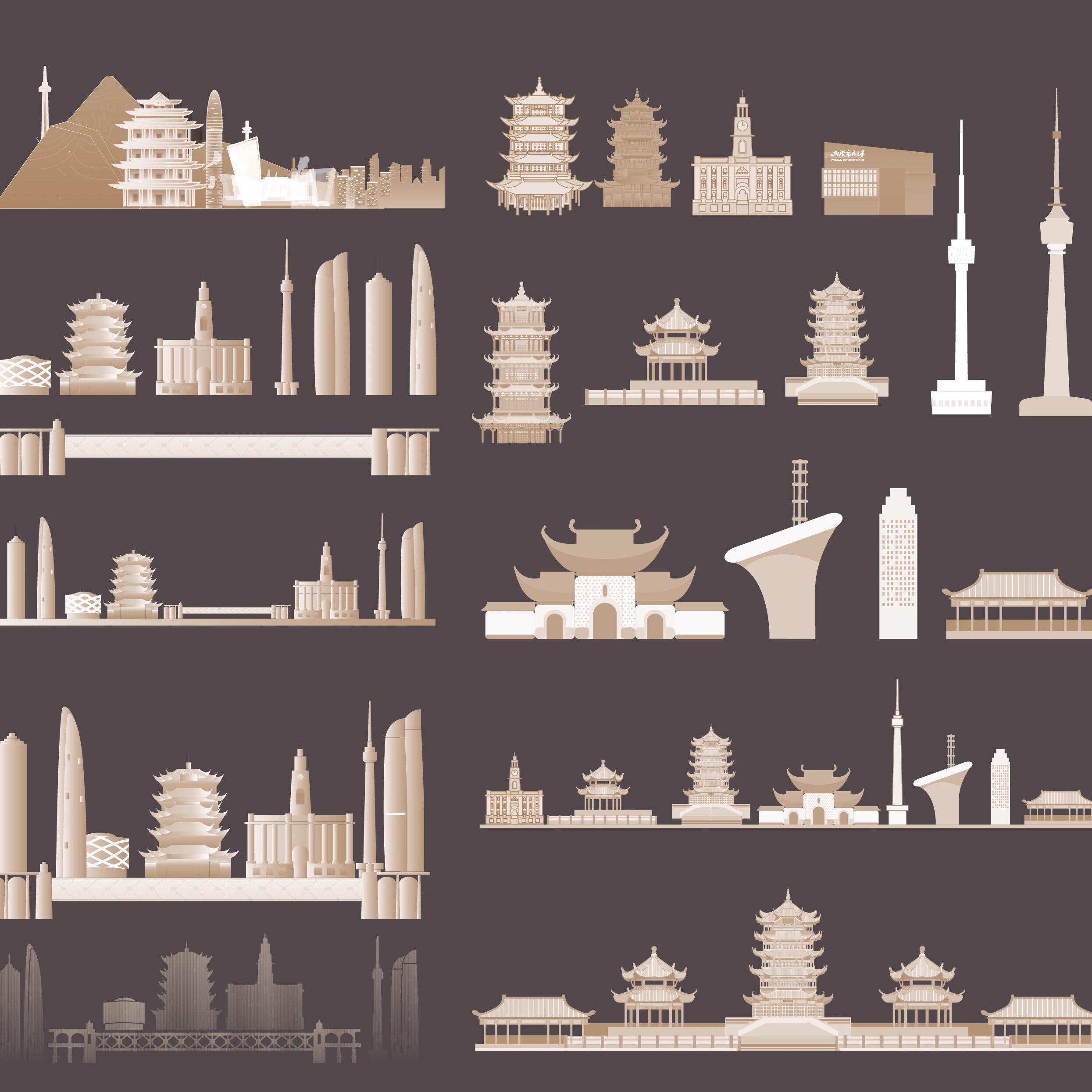 武汉湖北旅游手绘地标景点建筑剪影地平天际线描稿插画图设计素材