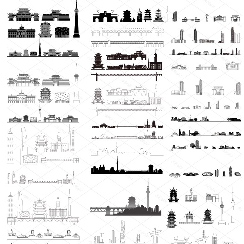 武汉湖北手绘旅游地标剪影景点建筑地平天际线描稿插画图设计素材