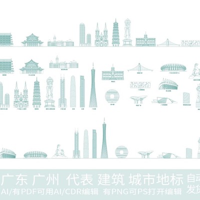 广州广东粤港澳大湾区地标建筑旅游剪影地平天际线描稿插画图素材