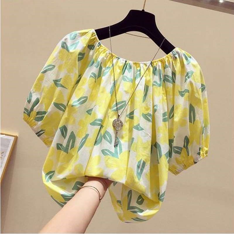Floral Collar Short-sleevewd T-shirt Top Women's Summer Loos