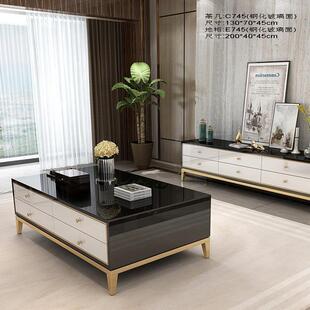 后现代时尚不锈钢镀金茶几电视柜钢化玻璃烤漆茶几地柜组合多抽屉