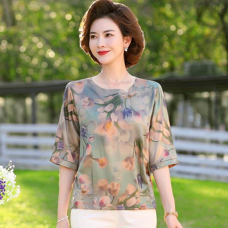 中老年妈妈夏装时尚雪纺短袖套装中年女气质上衣服洋气小衫两件套
