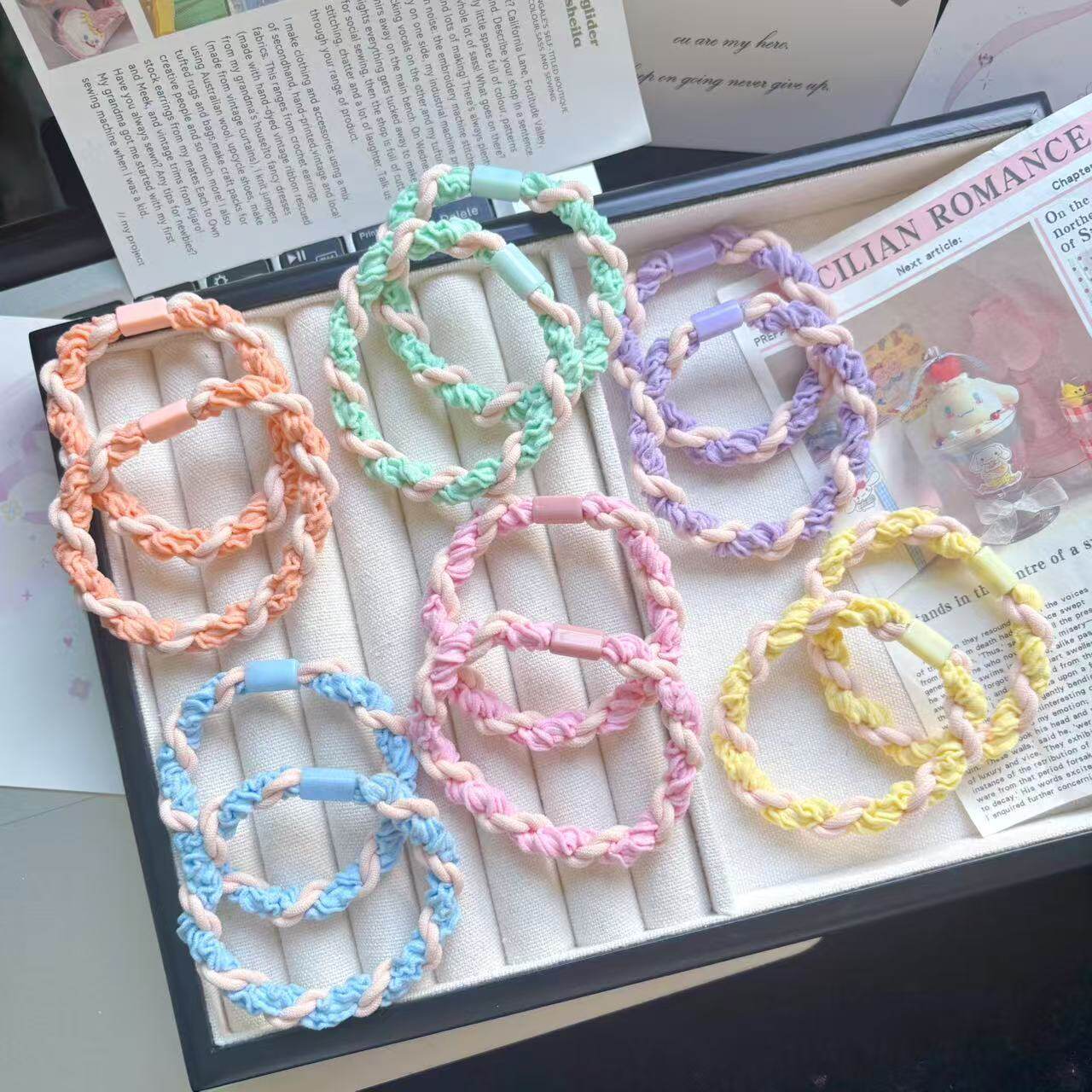 新款韩版拼色编织发圈 麻花辫子女士高弹力粗皮筋平扣小清新头绳