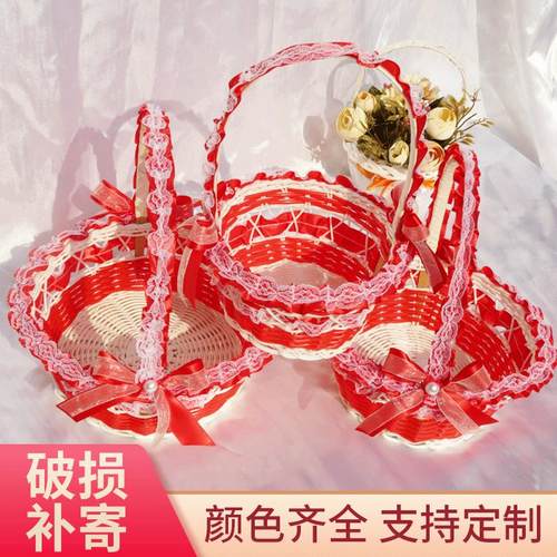 婚礼红色喜庆花篮糖果手工编织手提花篮西式婚礼心形撒花瓣篮
