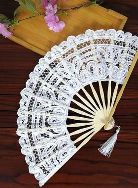 有现货21CM27CM宫廷折扇复古竹木蕾丝折扇高档白色婚礼扇子