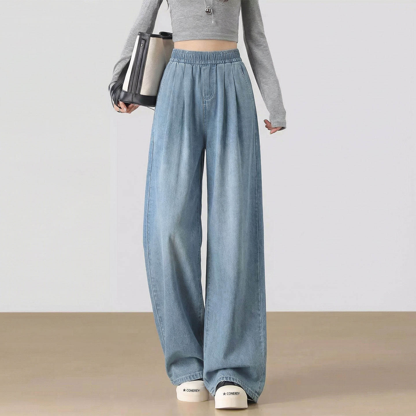 加绒加厚牛仔裤子女冬季休闲加厚高腰垂感小个子松紧腰直筒阔腿裤