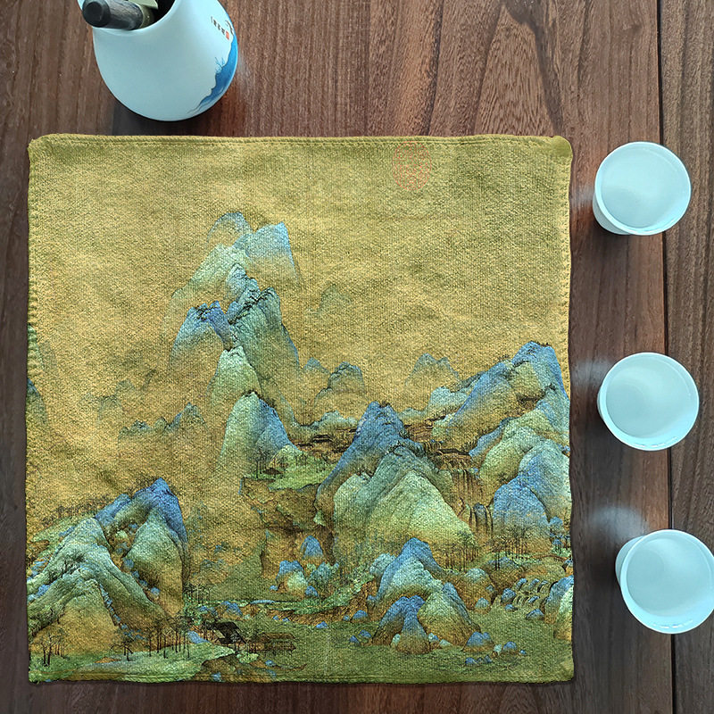 中国风加厚复古古画中式吸水方巾茶道茶巾吸水高档家用布艺餐巾布