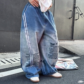 TRUEWORLD涂鸦牛仔裤 KPOP韩系辣妹宽松堆堆裤 双口袋Y2K秋冬高街风