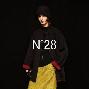 N°28 山羊绒新中式盘扣毛呢外套女秋冬带围巾中长款呢子大衣