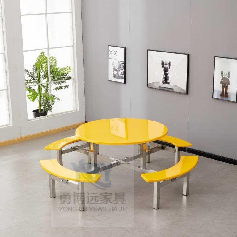 学校食堂餐桌椅圆形玻璃钢连体员工餐厅桌椅食堂不锈钢餐桌8人