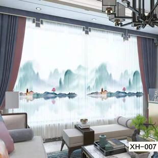 印花窗纱古典中式 半遮光不透人纱帘数码 风山水画3D水墨画窗帘