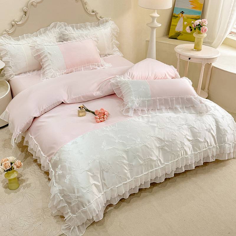 夏季公主风花边被套床上四件套韩版女生冰丝被罩床单三件套少女心