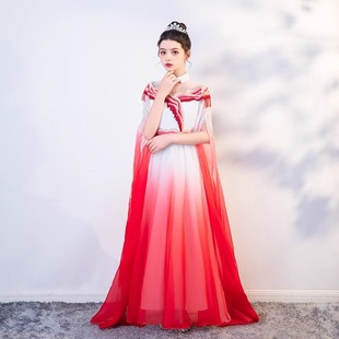 古筝演出服女童女中国风渐变红色中大童学生成人艺考礼服主持合唱