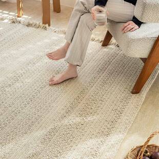 手工编织羊毛地毯日系奶油风客厅沙发简约新中式原木风流苏地毯