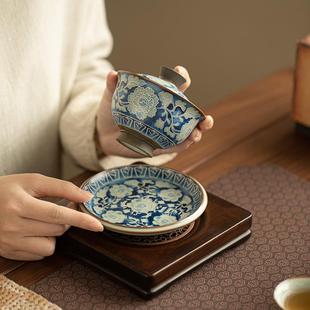 青花三才盖碗陶瓷茶具元 景德镇汝窑元 宝盖碗泡茶碗闷茶碗开片可养
