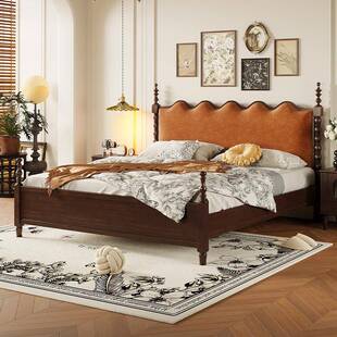 爆款热卖软包头美式复古床桃木色大床主床一米八全实木胡双卧9808