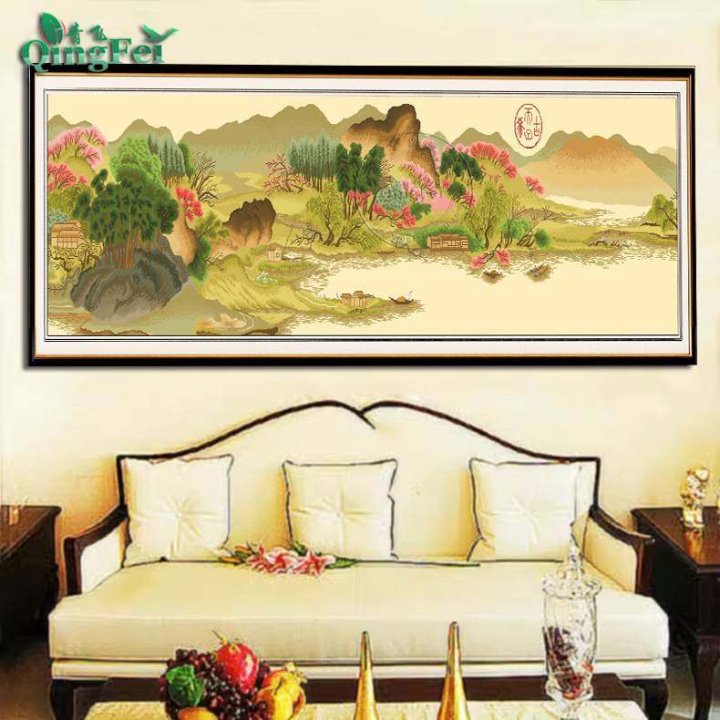 青飞精准印布溪山春晓十字绣大气中国经典名画山水画客厅挂画满绣