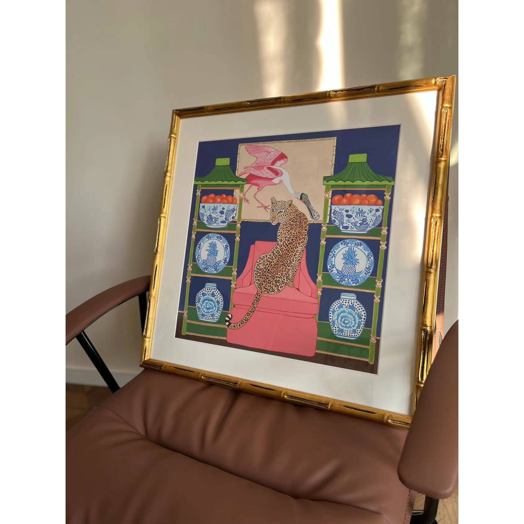 法式中国风青花瓷豹挂画美式复古小众艺术客厅装饰画餐厅玄关壁画图片