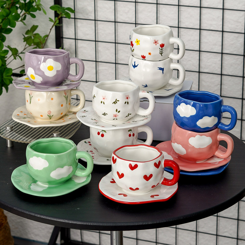 ins 风陶瓷马克杯耐热杯碟套装釉下彩商用情侣款牛奶杯办公室好看,餐饮具,马克杯,淘宝优惠券,粉丝福利购,淘宝优惠卷