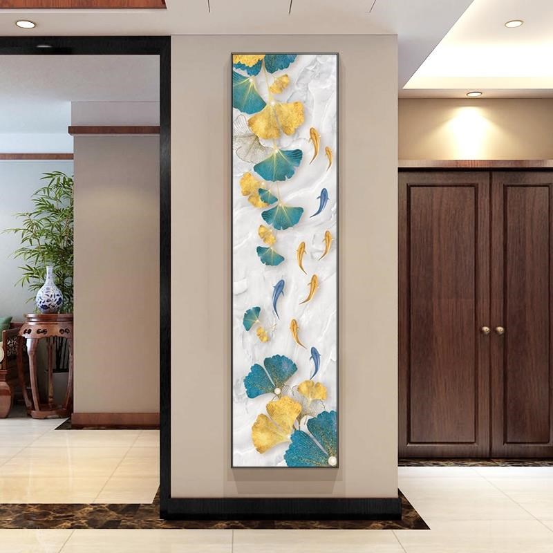 定制九图款关壁画户n窄背景装饰鱼画道长条墙客厅挂画入竖过轻玄图片
