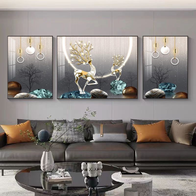 沙发背景墙装饰画晶瓷立体v三连图壁画银杏叶客厅新房装饰挂画三图片